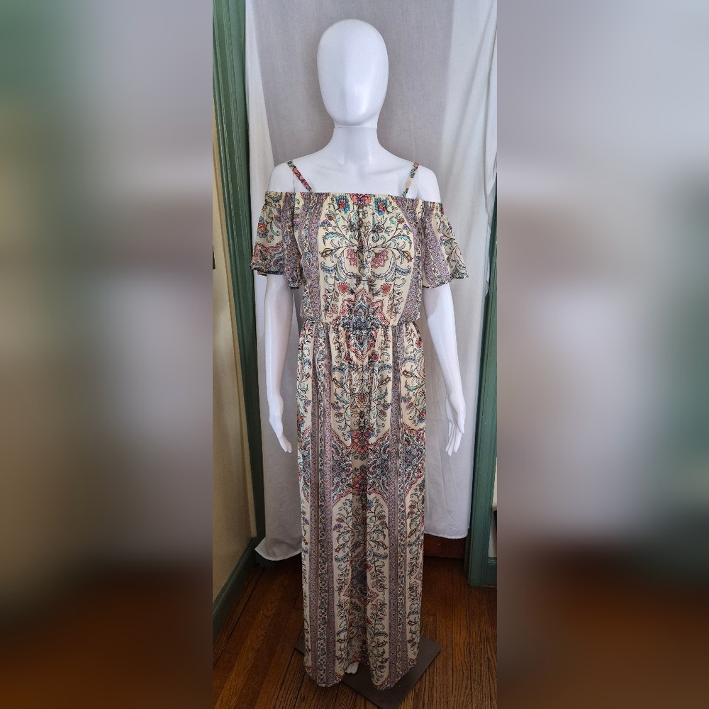 NWT Floral Off-Shoulder Boho Maxi Dress Size S By As You Wish With Half Slip